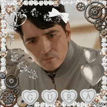 a picture of a man with gears and hearts with the letter g and r