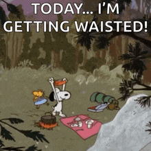 a cartoon of snoopy and woodstock having a picnic with the caption today i 'm getting waisted .