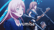 a girl singing into a microphone and another girl playing a guitar
