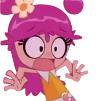 a cartoon character with pink hair and a flower in her hair has a surprised look on her face