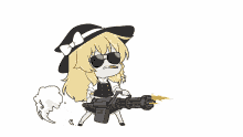 a cartoon of a girl holding a gun with fire coming out of it