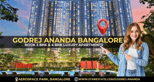 an advertisement for godrej ananda bangalore shows a woman pointing to a building
