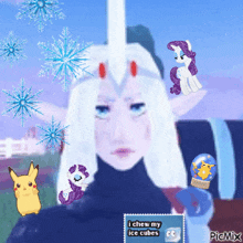 a picture of a girl with ponies and snowflakes with a caption that says i chew my ice cubes