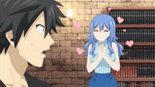 a man and a girl are standing next to each other with hearts flying around them