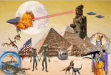 a collage of a pyramid , aliens , dinosaurs , a statue , and a full moon