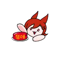 a cartoon character with red hair is holding a red button with chinese writing on it
