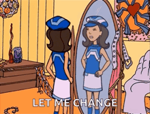 a cartoon girl is standing in front of a mirror looking at herself .