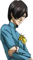 a pixel art drawing of a boy in a blue suit