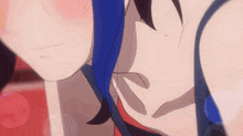 a close up of a blue haired anime girl 's face