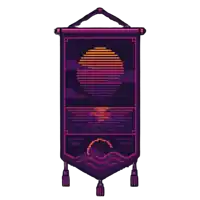 a pixel art banner with a sunset and waves on it .