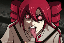 a drawing of a girl with red hair and a tongue sticking out with the watermark at the bottom