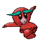 a pixel art drawing of a red parrot with a green headband .