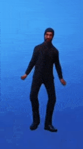 a man with a beard is dancing in front of a blue background in a video game .