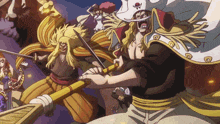 a man with a white beard is holding a sword in his hand