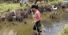 a woman walking through a body of water with a fishing net