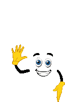 a cartoon character with blue eyes and yellow gloves is waving
