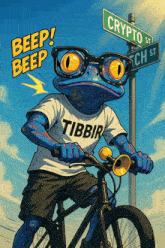 a frog wearing glasses and a t-shirt that says tibbir is riding a bike