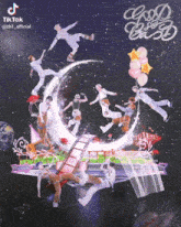 a group of people are flying around a crescent moon with the words good bye best written on the bottom
