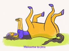 a cartoon of a man laying on top of a horse with the words welcome to jinx below him