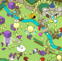 a cartoon drawing of a castle surrounded by lots of cartoon characters