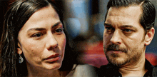 a man and a woman are looking at each other with a man having a beard