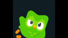 a green cartoon owl with an orange beak is giving a thumbs up .