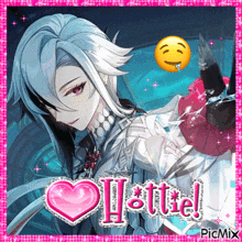 a picture of a girl with long white hair and a pink heart with the word hottie on it .