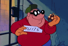 a cartoon character is holding a piece of paper with the number 761176 on it