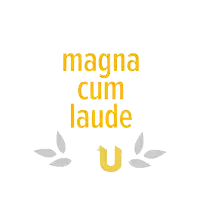 a laurel wreath with magna cum laude written in yellow