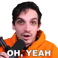 a man in an orange hoodie is holding a microphone with the words oh yeah above him