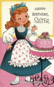 a birthday card for a sister with a little girl holding a pink cake