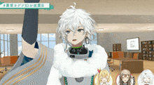 a cartoon character with white hair and blue eyes stands in a room