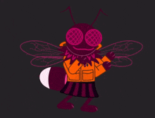 a cartoon drawing of a fly wearing an orange jacket and a skirt