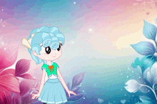 a cartoon girl with blue hair is surrounded by flowers and leaves