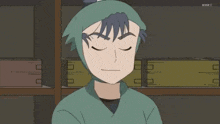 a cartoon character with a green hat and a ponytail is smiling in front of a shelf with boxes on it