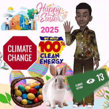a poster with a rabbit and a sign that says climate change on it