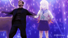 a man in a suit and a girl in a school uniform are holding hands