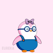a cartoon of a penguin with glasses and overalls with the word eureka underneath