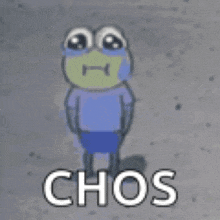 a frog wearing a blue shirt and blue shorts is standing on a concrete surface with the words chos written on it .
