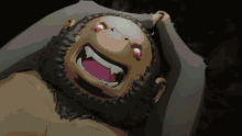 a cartoon character with a beard and pink eyes is laying down