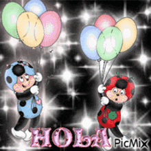 two ladybugs holding balloons with the word hola in pink