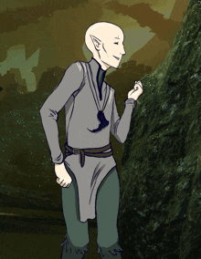 a cartoon drawing of a bald elf standing next to a large rock