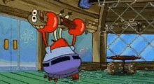 a cartoon character from spongebob squarepants is standing in a room holding a dumbbell over his head .