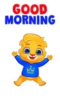 a cartoon lion wearing a blue shirt with a crown on it says " good morning "