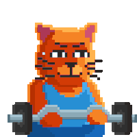 a pixel art illustration of an orange cat lifting a barbell