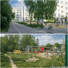 two pictures of a playground with the words collage maker on the bottom left
