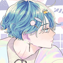 a drawing of a girl with blue hair and a crown in her hair