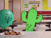 a cartoon cactus is standing next to a plate of food