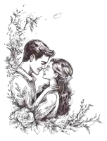 a black and white drawing of a man and woman kissing with flowers in the background