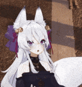 a fox girl with white hair and purple eyes is wearing a black dress .